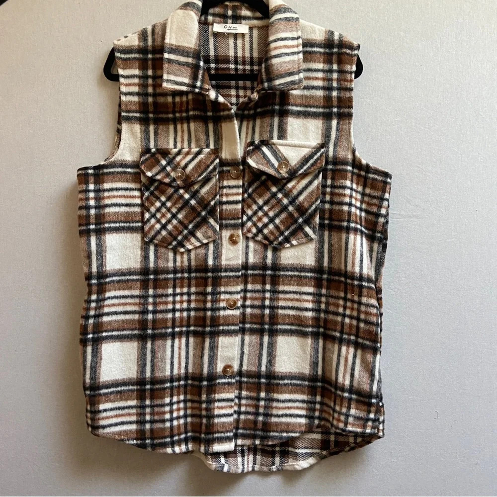 C By One Plaid Button Front Synthetic Wool Vest L